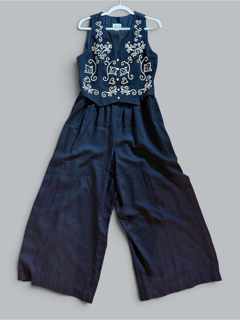 Vintage 90s Jeffrey & Dara Embroidered Mock Vest Jumpsuit Wide Leg Whimsigoth
